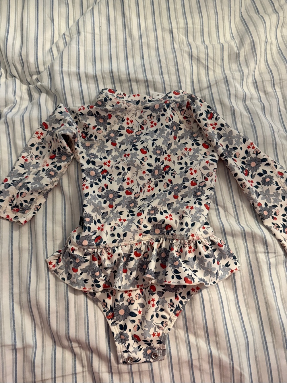 Girls' Floral Long-Sleeve One-Piece Swimsuit in White and Gray